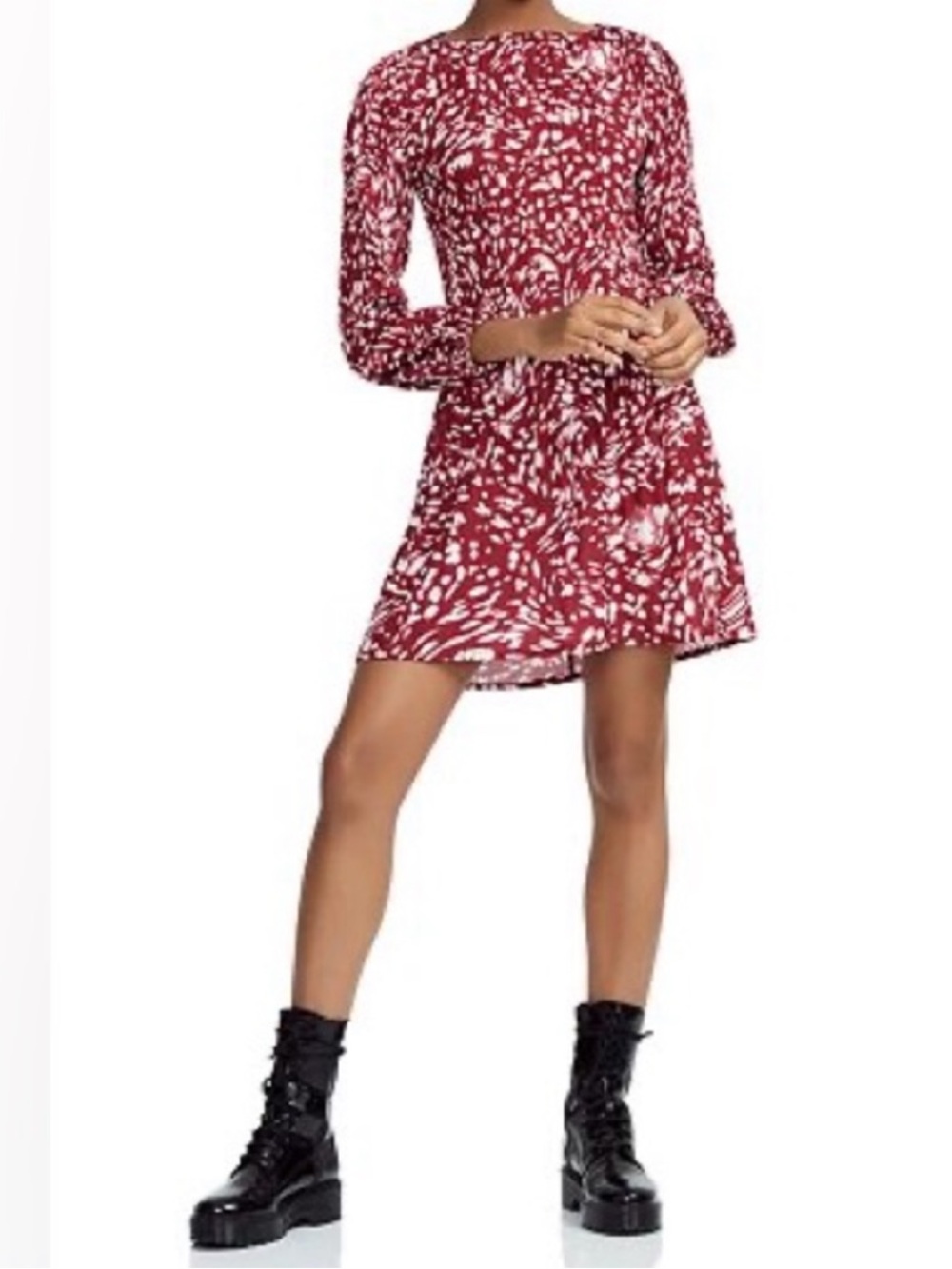 Maje Pleated Rocker Mini Dress Animal Print Abstract Size 2 Medium M Red Flowy